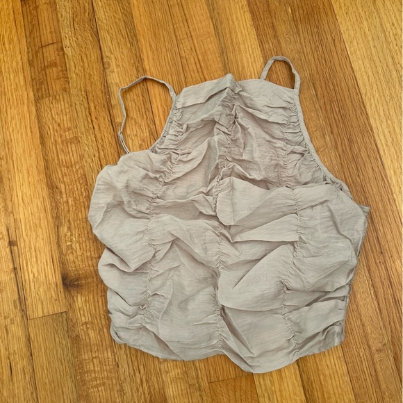 ZARA CROP TOP SMALL LIGHT TAN BROWN HALTER CROPPED TANK RUCHED DRAPED SMOCKED O - Picture 7 of 12